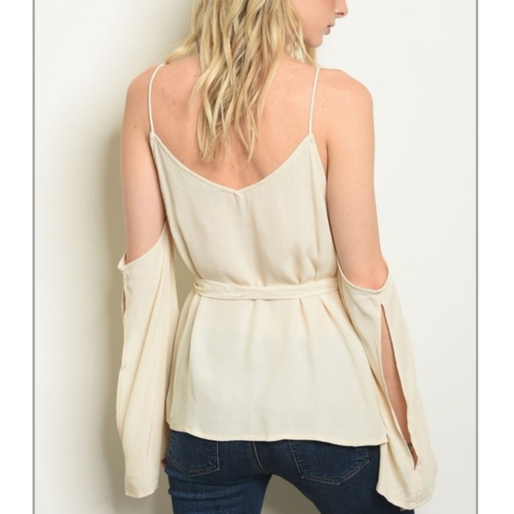 NWT Long Cold Shoulder Cream Tie Peasant Tunic Top - Picture 2 of 2